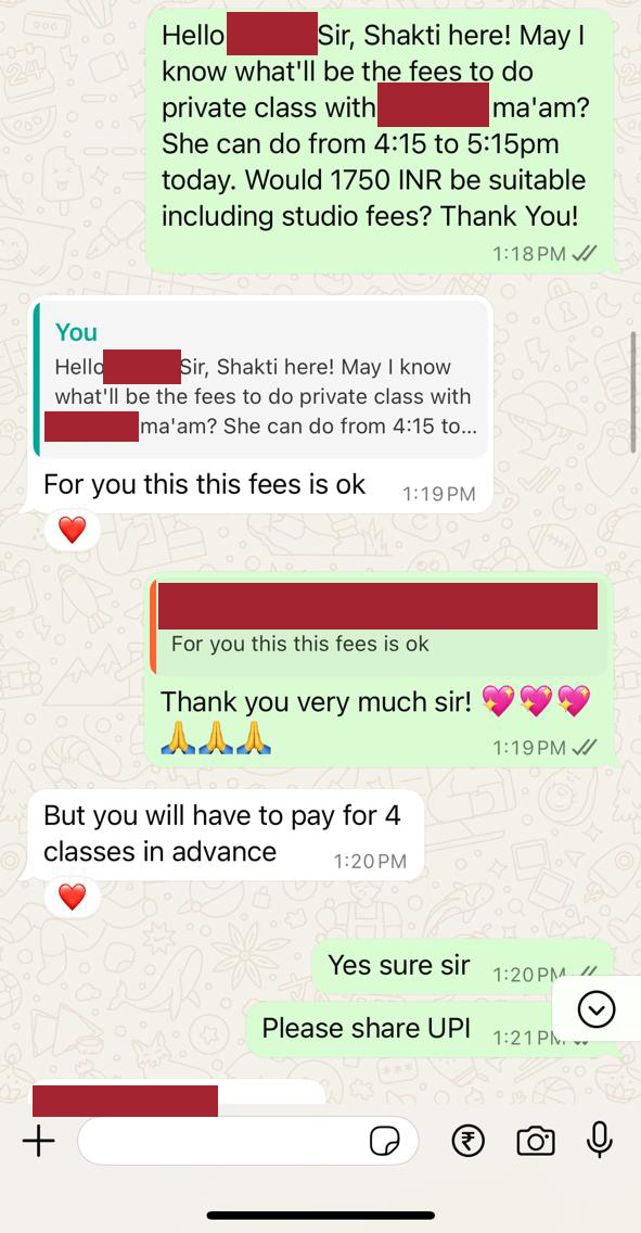 Chat with Dance Studio Owner about private class and fees